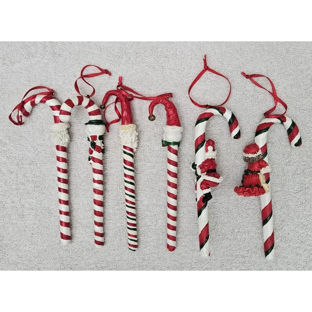 Six Vintage Intricate Candy Cane Ornaments‎ Santa Snowman Mrs. Claus